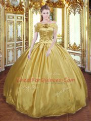 Affordable Gold Sleeveless Floor Length Beading and Appliques and Hand Made Flower Lace Up Sweet 16 Dress