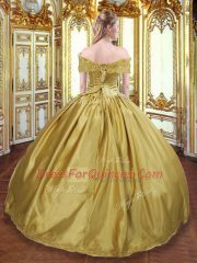Affordable Gold Sleeveless Floor Length Beading and Appliques and Hand Made Flower Lace Up Sweet 16 Dress