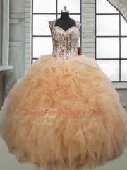 Dazzling Floor Length Lace Up Sweet 16 Dresses Champagne for Military Ball and Sweet 16 and Quinceanera with Beading and Ruffles