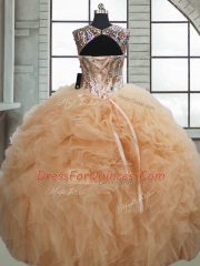 Dazzling Floor Length Lace Up Sweet 16 Dresses Champagne for Military Ball and Sweet 16 and Quinceanera with Beading and Ruffles