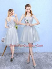 Lovely Silver Sleeveless Tulle Lace Up Quinceanera Court of Honor Dress for Wedding Party