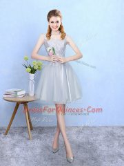Lovely Silver Sleeveless Tulle Lace Up Quinceanera Court of Honor Dress for Wedding Party