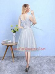 Lovely Silver Sleeveless Tulle Lace Up Quinceanera Court of Honor Dress for Wedding Party