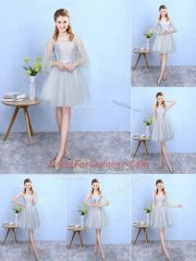 New Style Silver Tulle Lace Up Vestidos de Damas Sleeveless Knee Length Lace