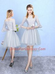 New Style Silver Tulle Lace Up Vestidos de Damas Sleeveless Knee Length Lace