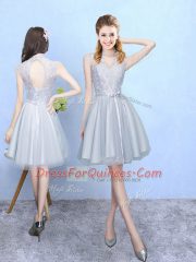 New Style Silver Tulle Lace Up Vestidos de Damas Sleeveless Knee Length Lace