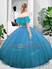 Enchanting Coral Red Two Pieces Organza Off The Shoulder Sleeveless Lace Floor Length Lace Up Quinceanera Gowns