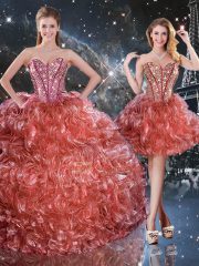 Floor Length Lace Up Sweet 16 Dresses Rust Red for Military Ball and Sweet 16 and Quinceanera with Beading and Ruffles