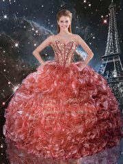 Floor Length Lace Up Sweet 16 Dresses Rust Red for Military Ball and Sweet 16 and Quinceanera with Beading and Ruffles
