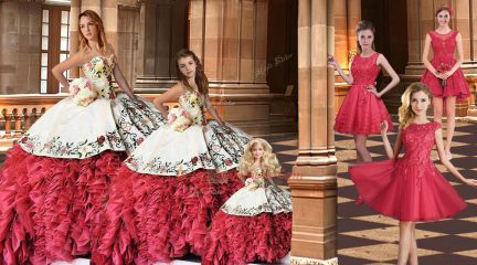Sleeveless Taffeta Brush Train Lace Up Quinceanera Gown in White And Red with Embroidery and Ruffles