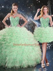 Admirable Sleeveless Organza Floor Length Lace Up 15 Quinceanera Dress in Apple Green with Beading and Ruffles