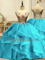 Wonderful Aqua Blue Sleeveless Floor Length Appliques and Ruffles Lace Up Quince Ball Gowns