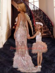 Noble Pink Tulle Zipper V-neck Sleeveless With Train Homecoming Dress Brush Train Beading and Ruffles and Sequins