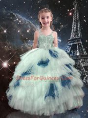 White Ball Gowns Beading and Ruffled Layers Little Girls Pageant Dress Wholesale Lace Up Tulle Sleeveless Floor Length