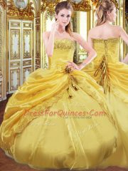 Gold Lace Up Strapless Beading and Pick Ups Vestidos de Quinceanera Taffeta Sleeveless