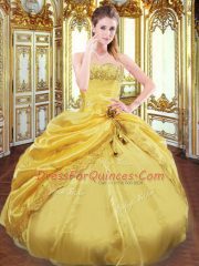 Gold Lace Up Strapless Beading and Pick Ups Vestidos de Quinceanera Taffeta Sleeveless