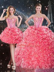 Perfect Coral Red Organza Lace Up Sweetheart Sleeveless Floor Length Quinceanera Gowns Beading and Ruffles