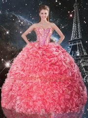 Perfect Coral Red Organza Lace Up Sweetheart Sleeveless Floor Length Quinceanera Gowns Beading and Ruffles