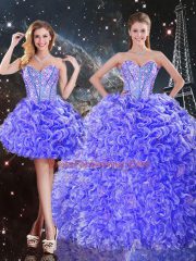Amazing Floor Length Purple Quince Ball Gowns Organza Sleeveless Beading and Ruffles