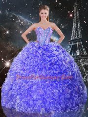 Amazing Floor Length Purple Quince Ball Gowns Organza Sleeveless Beading and Ruffles