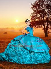 Lovely Baby Blue Lace Up Sweetheart Embroidery and Ruffles Quinceanera Dress Organza Sleeveless Brush Train