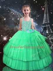 Excellent Apple Green Tulle Lace Up Little Girls Pageant Dress Sleeveless Floor Length Beading and Ruffled Layers