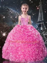 Sleeveless Lace Up Floor Length Beading and Ruffles Little Girls Pageant Gowns