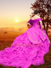 Lace Up Quince Ball Gowns Fuchsia for Military Ball and Sweet 16 and Quinceanera with Embroidery and Ruffles Brush Train