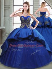 Blue Taffeta Lace Up Ball Gown Prom Dress Sleeveless Court Train Beading and Appliques and Embroidery