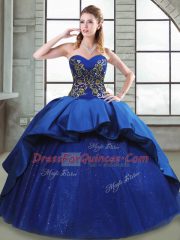 Blue Taffeta Lace Up Ball Gown Prom Dress Sleeveless Court Train Beading and Appliques and Embroidery