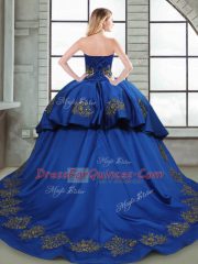 Blue Taffeta Lace Up Ball Gown Prom Dress Sleeveless Court Train Beading and Appliques and Embroidery