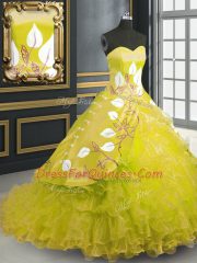 Adorable Sleeveless Organza Brush Train Lace Up Quinceanera Gown in Yellow with Embroidery and Ruffles
