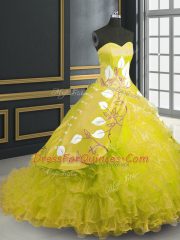 Adorable Sleeveless Organza Brush Train Lace Up Quinceanera Gown in Yellow with Embroidery and Ruffles