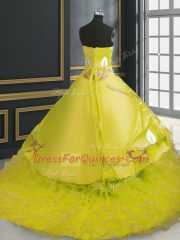 Adorable Sleeveless Organza Brush Train Lace Up Quinceanera Gown in Yellow with Embroidery and Ruffles