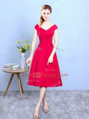V-neck Cap Sleeves Zipper Quinceanera Court Dresses Red Satin