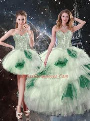 Inexpensive Multi-color Lace Up Quince Ball Gowns Beading and Ruffled Layers and Sequins Sleeveless Floor Length