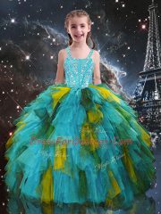 Floor Length Lace Up Little Girls Pageant Dress Aqua Blue for Quinceanera and Wedding Party with Beading and Ruffles