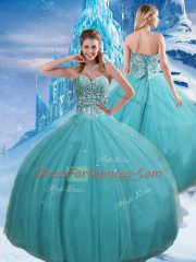 Trendy Aqua Blue Sleeveless Floor Length Beading and Sequins Lace Up Quinceanera Gown