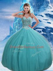 Trendy Aqua Blue Sleeveless Floor Length Beading and Sequins Lace Up Quinceanera Gown