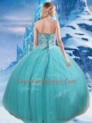 Trendy Aqua Blue Sleeveless Floor Length Beading and Sequins Lace Up Quinceanera Gown