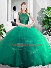 Luxury Sleeveless Tulle Floor Length Zipper 15th Birthday Dress in Turquoise with Lace and Ruffles