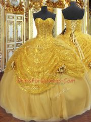 Custom Made Gold Tulle Lace Up Ball Gown Prom Dress Sleeveless Floor Length Pick Ups and Hand Made Flower