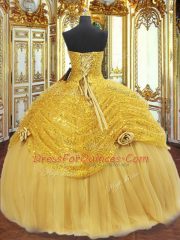 Custom Made Gold Tulle Lace Up Ball Gown Prom Dress Sleeveless Floor Length Pick Ups and Hand Made Flower
