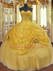 Custom Made Gold Tulle Lace Up Ball Gown Prom Dress Sleeveless Floor Length Pick Ups and Hand Made Flower