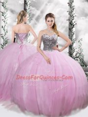 Trendy Lilac Sweetheart Lace Up Beading Quince Ball Gowns Brush Train Sleeveless