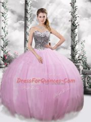 Trendy Lilac Sweetheart Lace Up Beading Quince Ball Gowns Brush Train Sleeveless