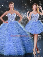 Blue Ball Gowns Beading and Ruffled Layers Quinceanera Gown Lace Up Tulle Sleeveless Floor Length