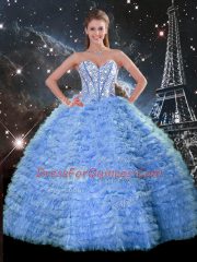 Blue Ball Gowns Beading and Ruffled Layers Quinceanera Gown Lace Up Tulle Sleeveless Floor Length