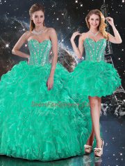 High Class Sleeveless Floor Length Beading and Ruffles Lace Up Vestidos de Quinceanera with Turquoise