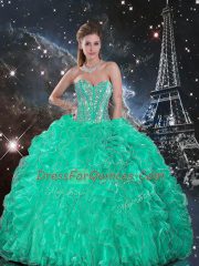High Class Sleeveless Floor Length Beading and Ruffles Lace Up Vestidos de Quinceanera with Turquoise